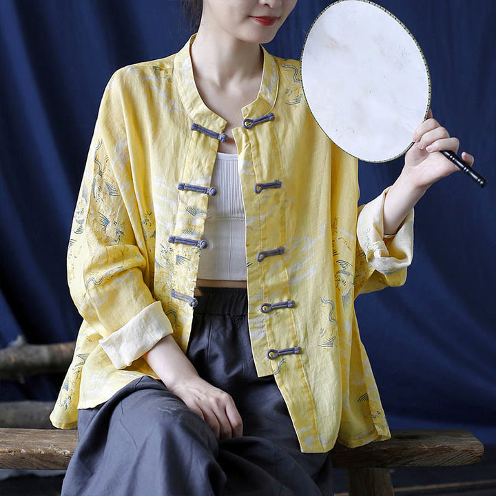 Buddha Stones Yellow Phoenix Print Frog-button Design Long Sleeve Ramie Linen Jacket Shirt - image 9