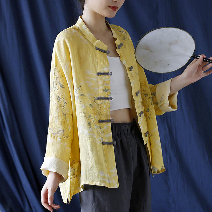 Buddha Stones Yellow Phoenix Print Frog-button Design Long Sleeve Ramie Linen Jacket Shirt - image 2