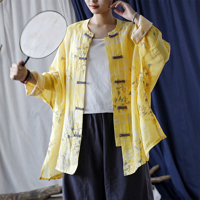 Buddha Stones Yellow Phoenix Print Frog-button Design Long Sleeve Ramie Linen Jacket Shirt - Yellow Phoenix Long Style(Fit for US4-14; UK/AU8-18; EU36-46)(Jacket Only) - image 24