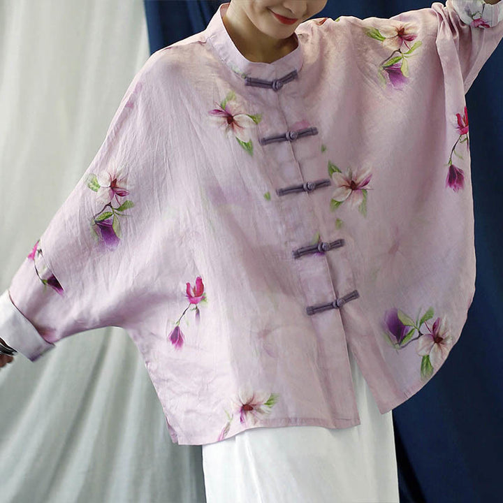 Buddha Stones Pink Flower Print Frog-button Design Batwing Long Sleeve Ramie Linen Jacket Shirt - image 9