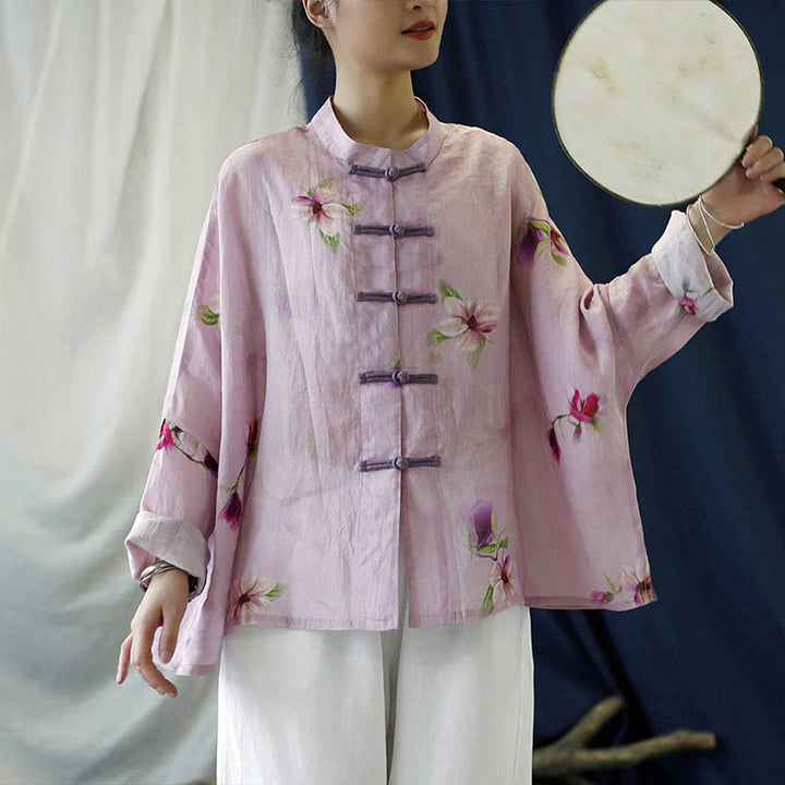Buddha Stones Pink Flower Print Frog-button Design Batwing Long Sleeve Ramie Linen Jacket Shirt - image 13
