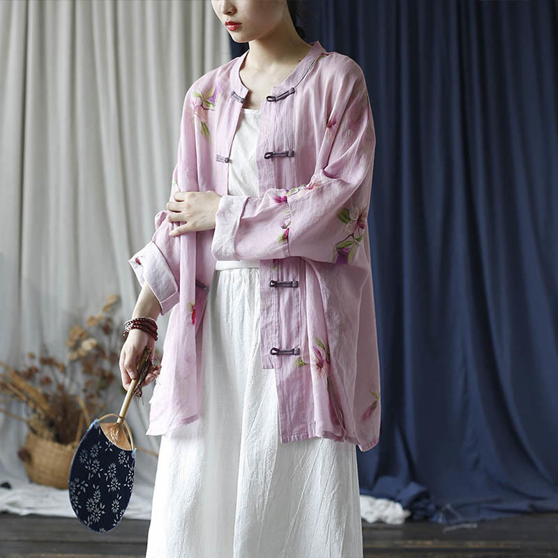 Buddha Stones Pink Flower Print Frog-button Design Batwing Long Sleeve Ramie Linen Jacket Shirt - image 24