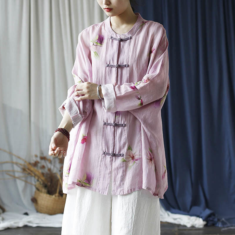 Buddha Stones Pink Flower Print Frog-button Design Batwing Long Sleeve Ramie Linen Jacket Shirt - image 30