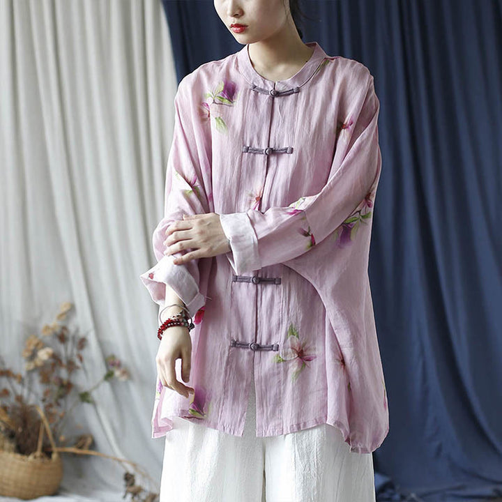 Buddha Stones Pink Flower Print Frog-button Design Batwing Long Sleeve Ramie Linen Jacket Shirt - image 27