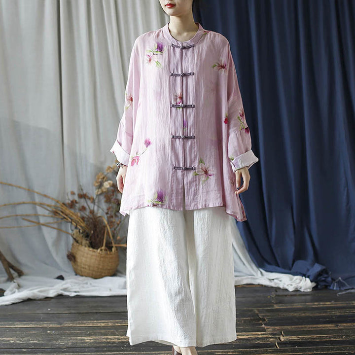 Buddha Stones Pink Flower Print Frog-button Design Batwing Long Sleeve Ramie Linen Jacket Shirt - image 38
