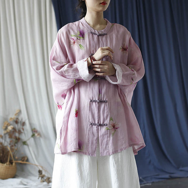 Buddha Stones Pink Flower Print Frog-button Design Batwing Long Sleeve Ramie Linen Jacket Shirt - image 34