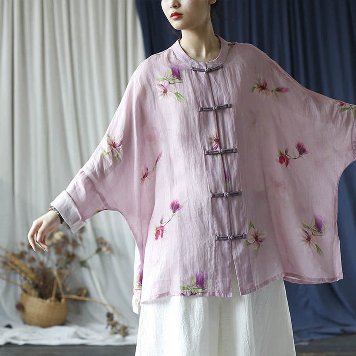 Buddha Stones Pink Flower Print Frog-button Design Batwing Long Sleeve Ramie Linen Jacket Shirt - image 22