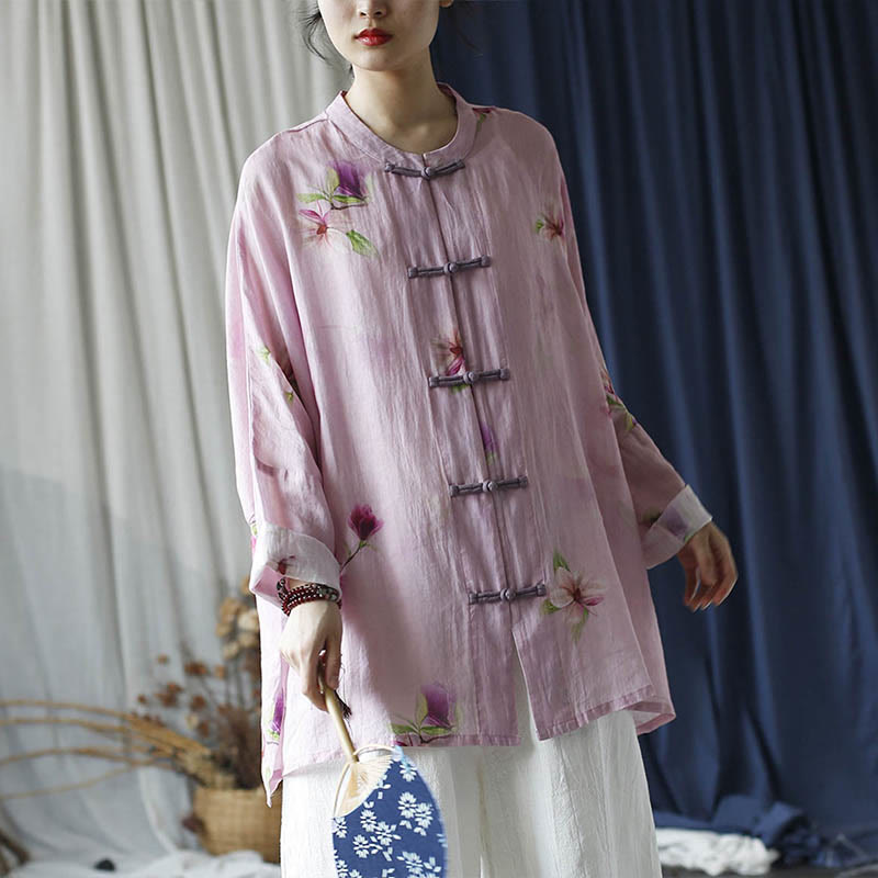 Buddha Stones Pink Flower Print Frog-button Design Batwing Long Sleeve Ramie Linen Jacket Shirt - image 32