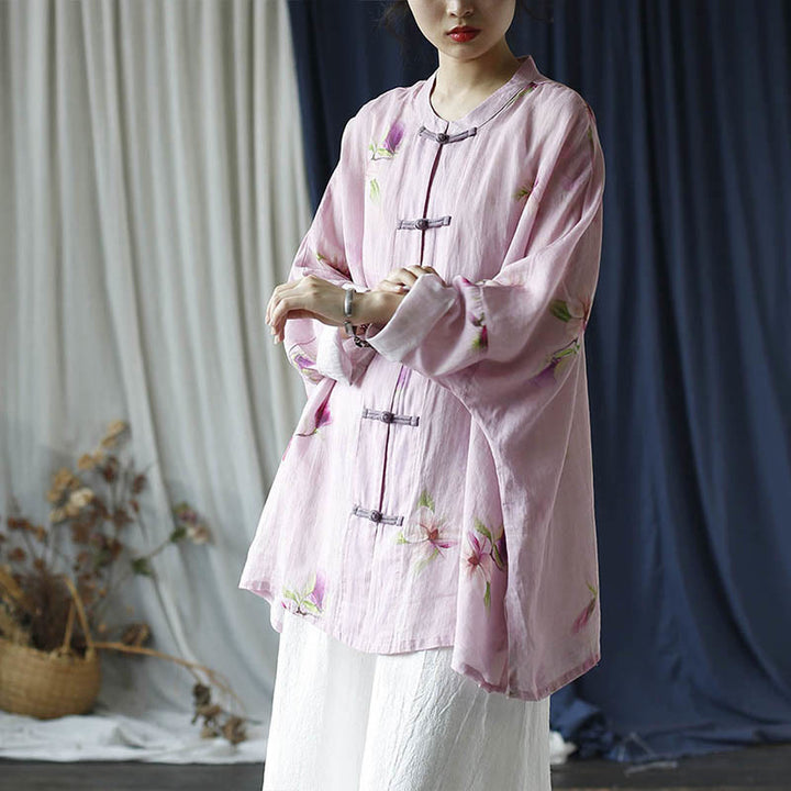 Buddha Stones Pink Flower Print Frog-button Design Batwing Long Sleeve Ramie Linen Jacket Shirt - image 37