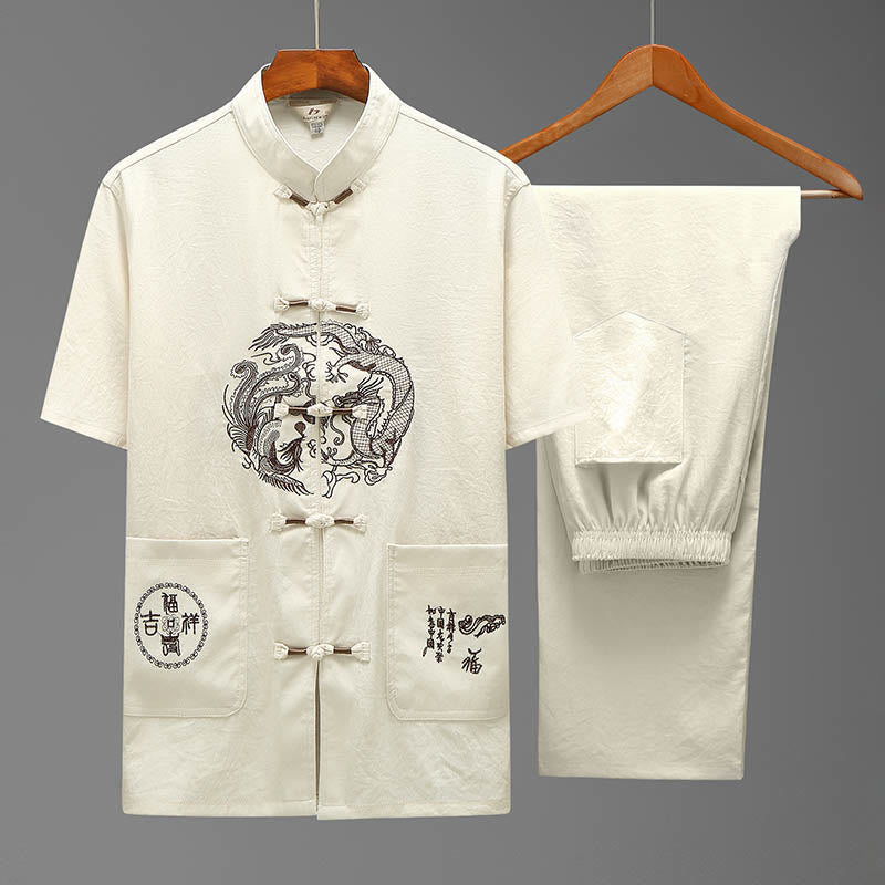 Buddha Stones Dragon Fu Character Tang Suit Traditional Short Sleeve Shirt Wide Leg Pants Clothing Men's Set - Beige(Top&Pants) - US/UK/AU44，EU54 (4XL) - image 1