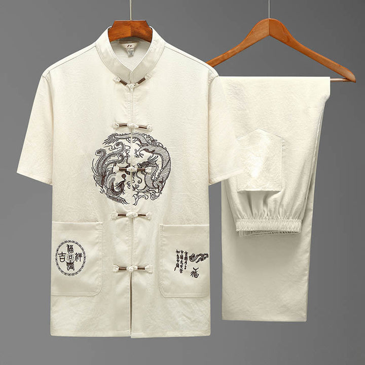 Buddha Stones Dragon Fu Character Tang Suit Traditional Short Sleeve Shirt Wide Leg Pants Clothing Men's Set - Beige(Top&Pants) - US/UK/AU44，EU54 (4XL) - image 1