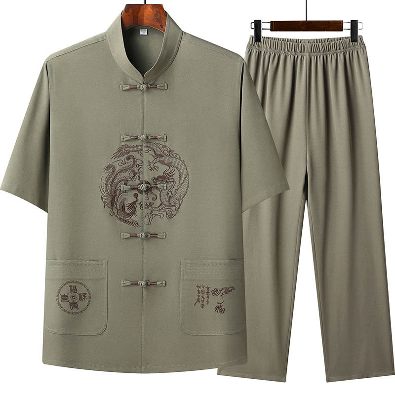 Buddha Stones Dragon Fu Character Tang Suit Traditional Short Sleeve Shirt Wide Leg Pants Clothing Men's Set - Green(Top&Pants) - US/UK/AU44，EU54 (4XL) - image 17