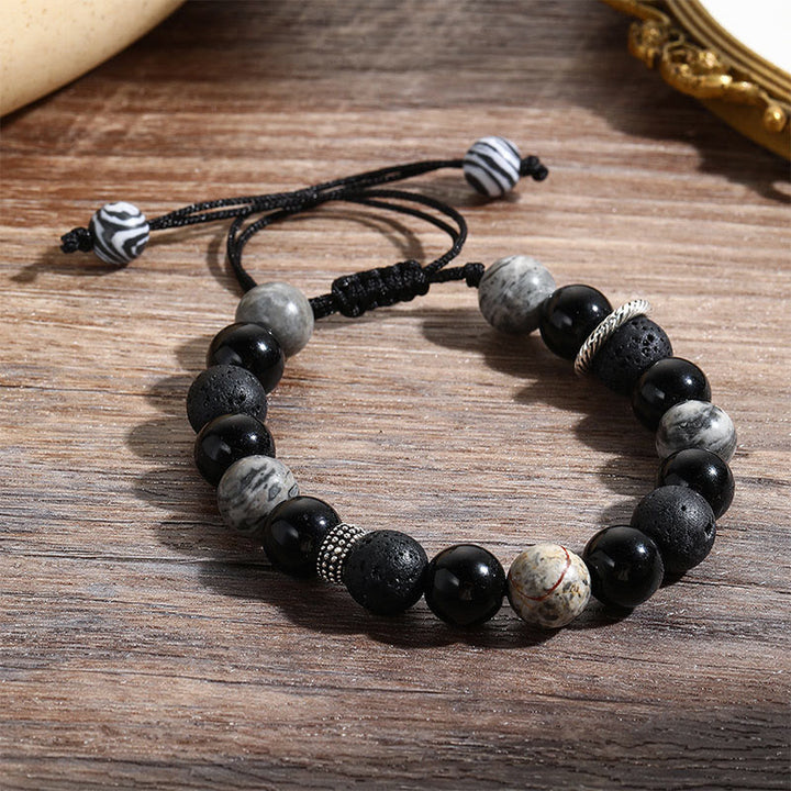 Buddha Stones Vintage Lava Rock Black Obsidian Picasso Jasper Beads Support Rope Bracelet - image 3
