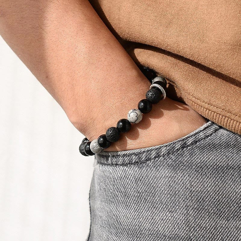 Buddha Stones Vintage Lava Rock Black Obsidian Picasso Jasper Beads Support Rope Bracelet - image 13