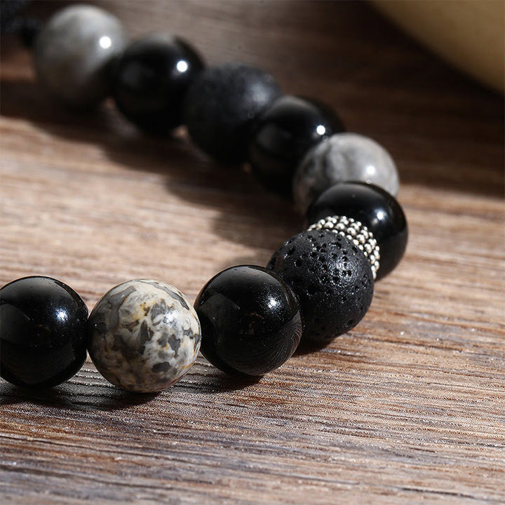 Buddha Stones Vintage Lava Rock Black Obsidian Picasso Jasper Beads Support Rope Bracelet - image 9