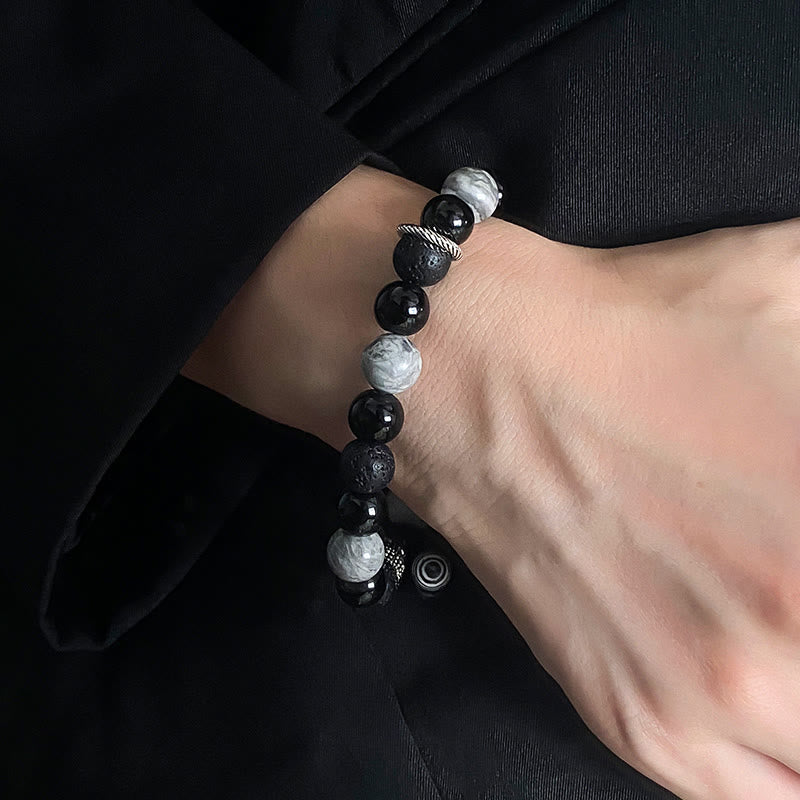 Buddha Stones Vintage Lava Rock Black Obsidian Picasso Jasper Beads Support Rope Bracelet - image 4