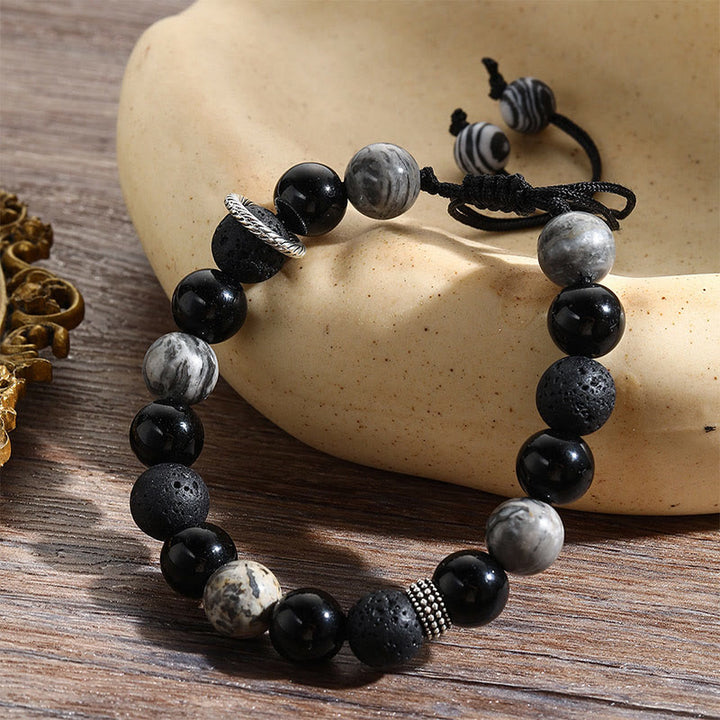 Buddha Stones Vintage Lava Rock Black Obsidian Picasso Jasper Beads Support Rope Bracelet - image 2