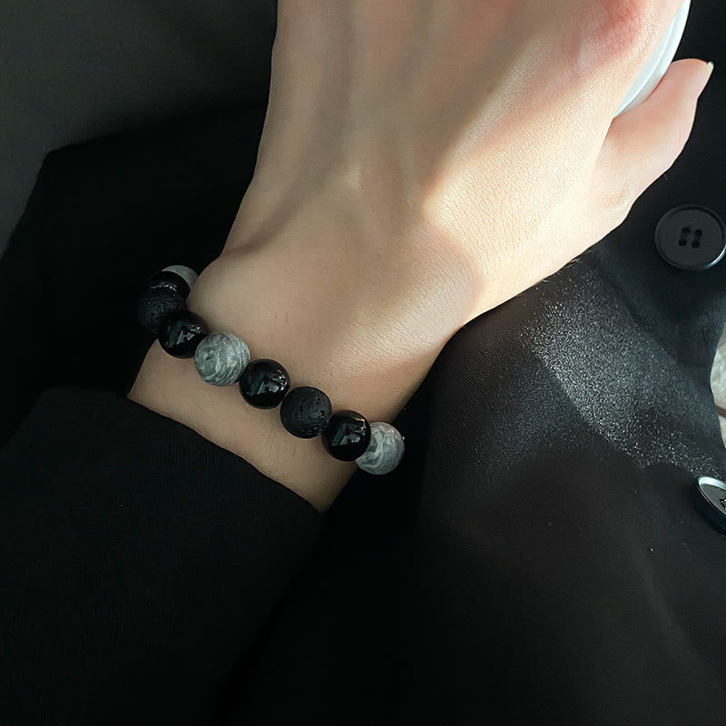 Buddha Stones Vintage Lava Rock Black Obsidian Picasso Jasper Beads Support Rope Bracelet - image 12