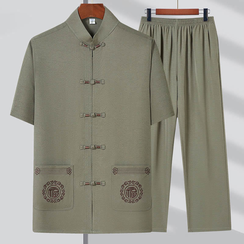 Buddha Stones Fu Character Embroidery Tang Suit Traditional Frog-Button Short Sleeve Top Pants Clothing Men's Set - Light Green(Top&Pants) - 4XL(Fit for US/UK/AU44; EU54) - image 0