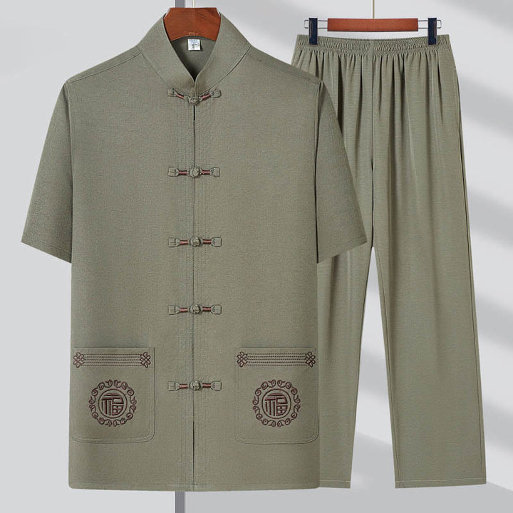 Buddha Stones Fu Character Embroidery Tang Suit Traditional Frog-Button Short Sleeve Top Pants Clothing Men's Set - Light Green(Top&Pants) - 4XL(Fit for US/UK/AU44; EU54) - image 0