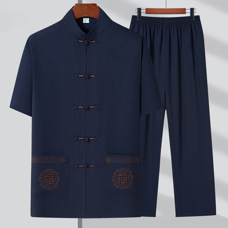 Buddha Stones Fu Character Embroidery Tang Suit Traditional Frog-Button Short Sleeve Top Pants Clothing Men's Set - Dark Blue(Top&Pants) - 4XL(Fit for US/UK/AU44; EU54) - image 1