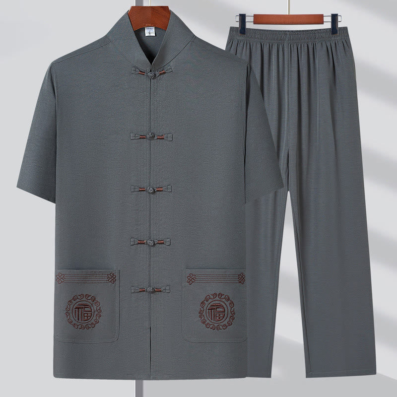 Buddha Stones Fu Character Embroidery Tang Suit Traditional Frog-Button Short Sleeve Top Pants Clothing Men's Set - Gray(Top&Pants) - 4XL(Fit for US/UK/AU44; EU54) - image 3