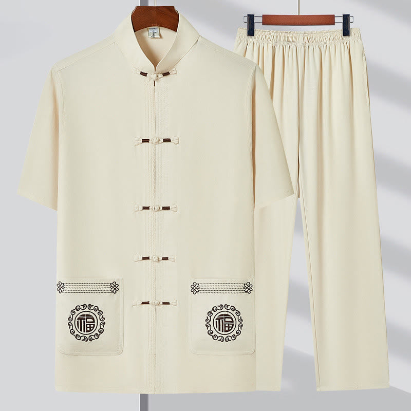 Buddha Stones Fu Character Embroidery Tang Suit Traditional Frog-Button Short Sleeve Top Pants Clothing Men's Set - Beige(Top&Pants) - 4XL(Fit for US/UK/AU44; EU54) - image 2
