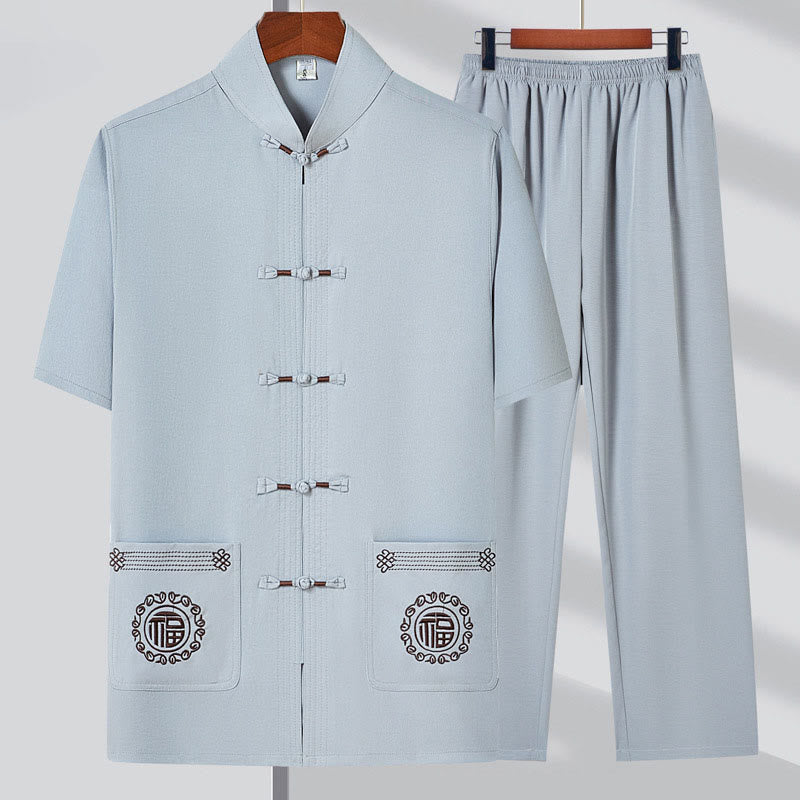 Buddha Stones Fu Character Embroidery Tang Suit Traditional Frog-Button Short Sleeve Top Pants Clothing Men's Set - Light Gray(Top&Pants) - 4XL(Fit for US/UK/AU44; EU54) - image 5