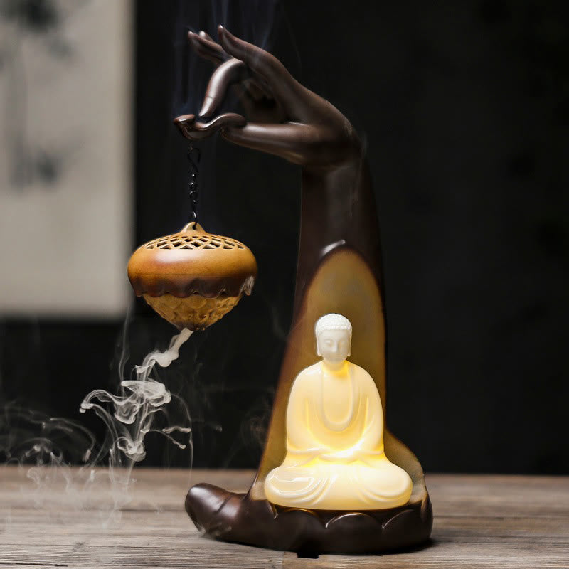 Buddha Stones Led Buddha Hand Backflow Smoke Fountain Healing Ceramic Stick Incense Burner Decoration - image 2