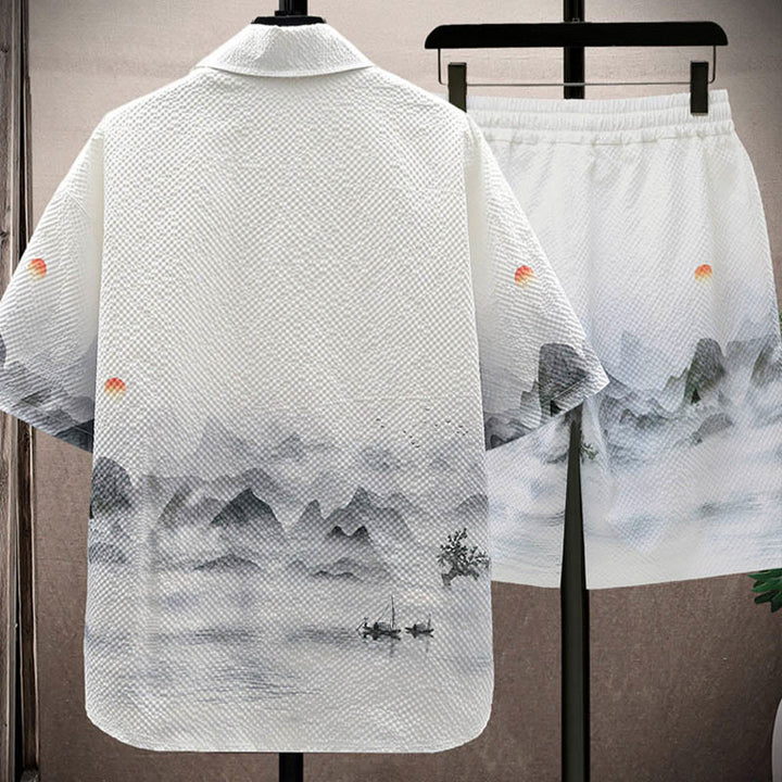 Buddha Stones Landscape Coconut Trees Magpie Pattern Short Sleeve Shorts Men's Set - image 1