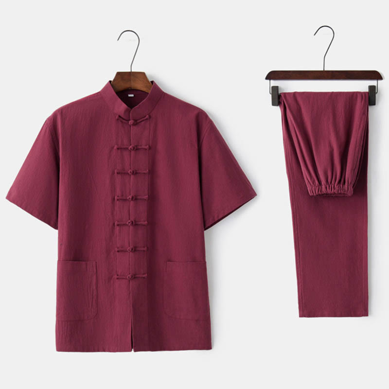 Buddha Stones Solid Color Frog-Button Tang Suit Traditional Cotton Linen Short Sleeve Top Pants Clothing Men's Set - Red(Top&Pants) - US/UK/AU44，EU54 (4XL)  - image 9