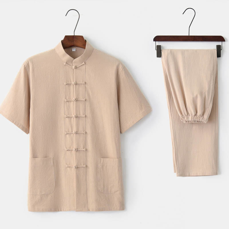Buddha Stones Solid Color Frog-Button Tang Suit Traditional Cotton Linen Short Sleeve Top Pants Clothing Men's Set - Beige(Top&Pants) - US/UK/AU44，EU54 (4XL)  - image 8
