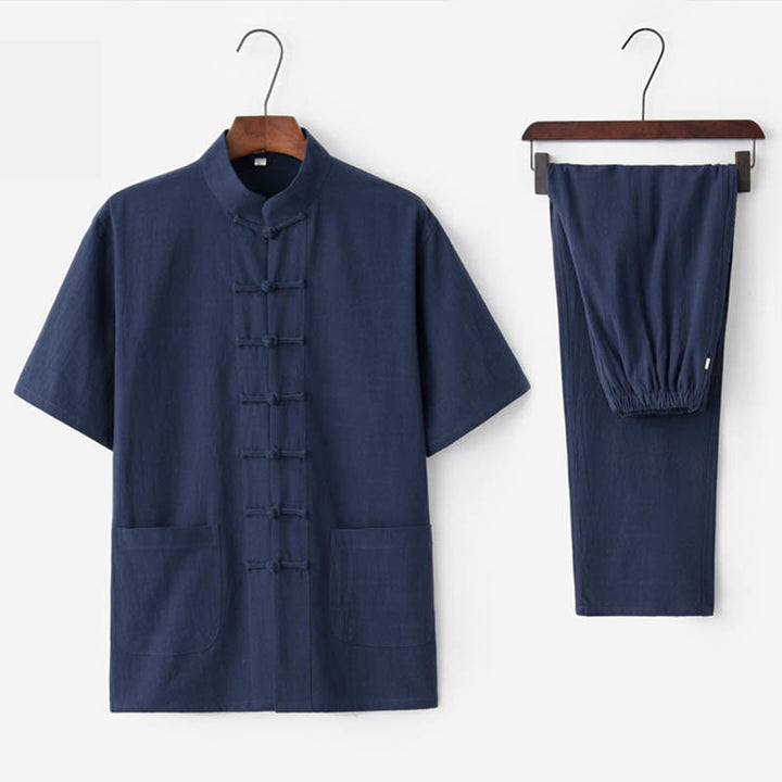 Buddha Stones Solid Color Frog-Button Tang Suit Traditional Cotton Linen Short Sleeve Top Pants Clothing Men's Set - Navy Blue(Top&Pants) - US/UK/AU44，EU54 (4XL)  - image 7