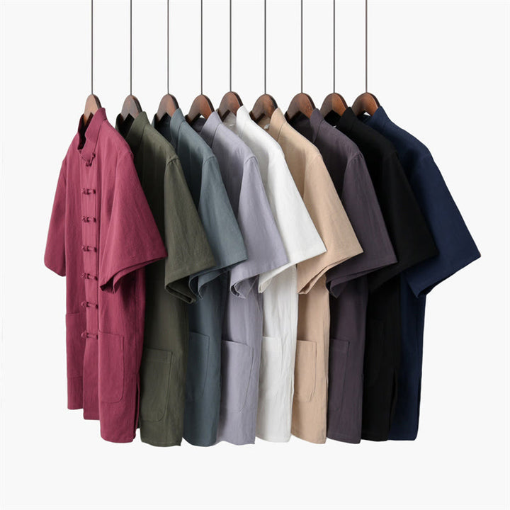 Buddha Stones Solid Color Frog-Button Tang Suit Traditional Cotton Linen Short Sleeve Top Pants Clothing Men's Set - image 1