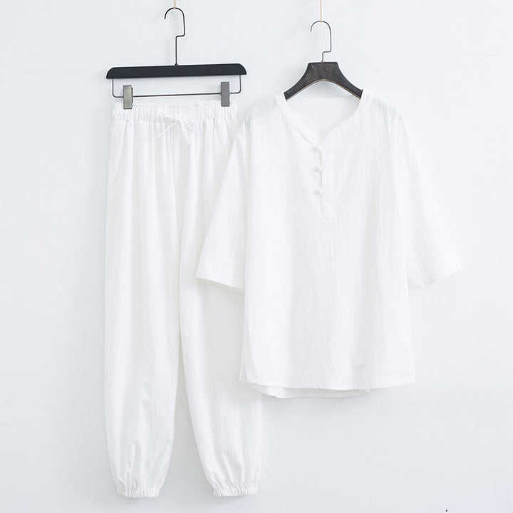 Buddha Stones Solid Color Traditional Short Sleeve T-shirt Pants Clothing Men's Set - White(Top&Pants) - US/UK/AU44，EU54 (4XL) - image 8