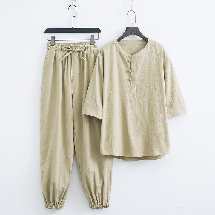Buddha Stones Solid Color Traditional Short Sleeve T-shirt Pants Clothing Men's Set - Beige(Top&Pants) - US/UK/AU44，EU54 (4XL) - image 11