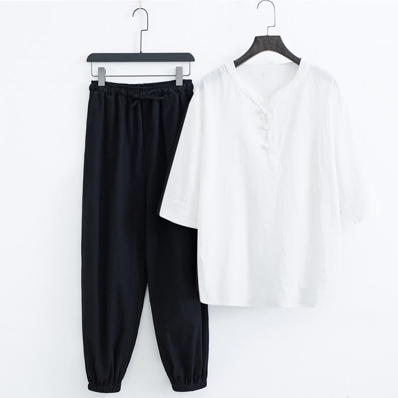 Buddha Stones Solid Color Traditional Short Sleeve T-shirt Pants Clothing Men's Set - White Shirt&Black Pants(Top&Pants) - US/UK/AU44，EU54 (4XL) - image 9