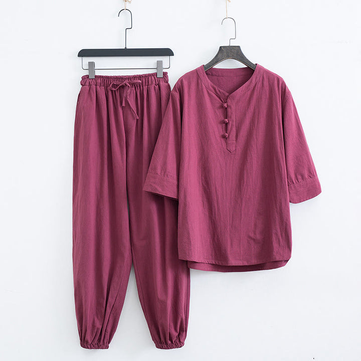 Buddha Stones Solid Color Traditional Short Sleeve T-shirt Pants Clothing Men's Set - Red(Top&Pants) - US/UK/AU44，EU54 (4XL) - image 12