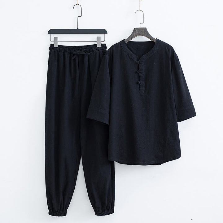 Buddha Stones Solid Color Traditional Short Sleeve T-shirt Pants Clothing Men's Set - Black(Top&Pants) - US/UK/AU44，EU54 (4XL) - image 7