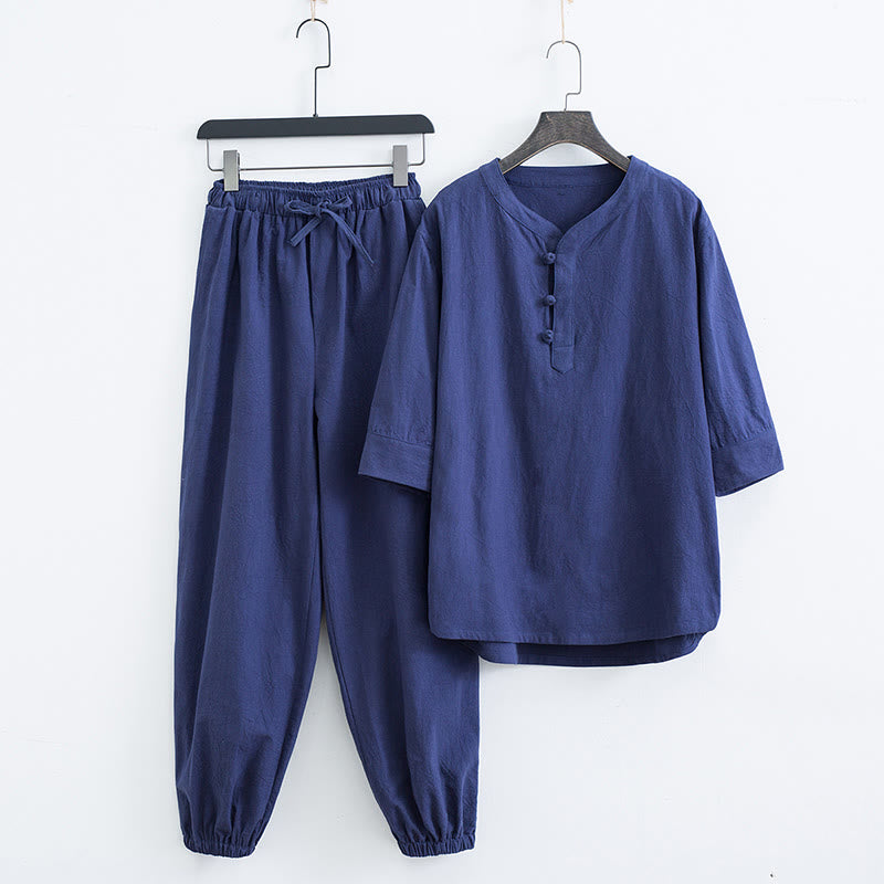 Buddha Stones Solid Color Traditional Short Sleeve T-shirt Pants Clothing Men's Set - Navy Blue(Top&Pants) - US/UK/AU44，EU54 (4XL) - image 10