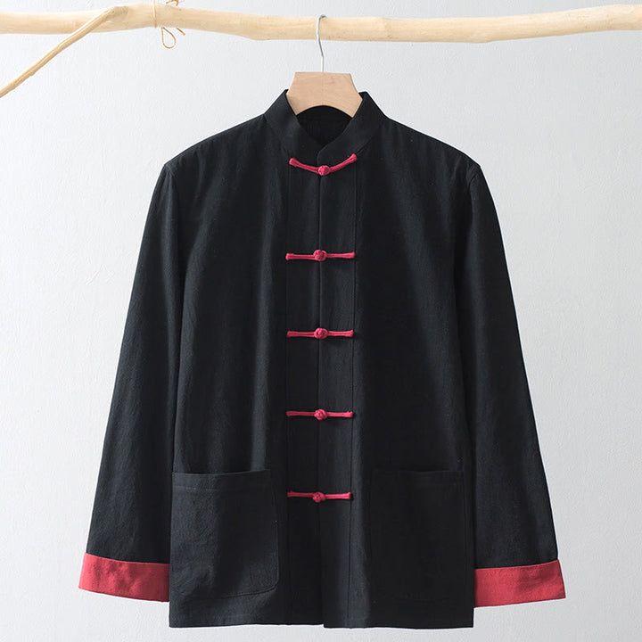 Buddha Stones Frog-Button Chinese Tang Suit Shirt Cotton Linen Men Jacket Clothing - Black Shirt&Red Frog Button - US/UK/AU44，EU54 (4XL) - image 0