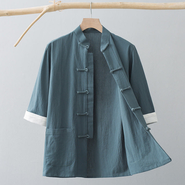 Buddha Stones Frog-Button Chinese Tang Suit Half Sleeve Shirt Cotton Men Clothing With Pockets - Gray Green - US/UK/AU44，EU54 (4XL) - image 1