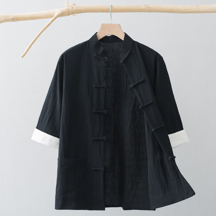 Buddha Stones Frog-Button Chinese Tang Suit Half Sleeve Shirt Cotton Men Clothing With Pockets - Black - US/UK/AU44，EU54 (4XL) - image 12