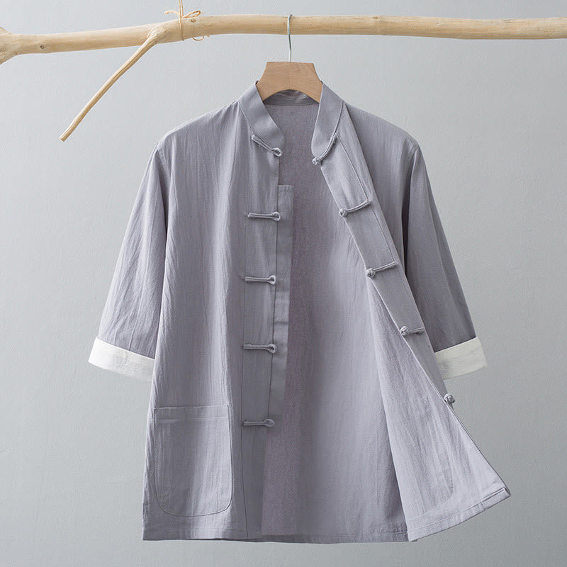 Buddha Stones Frog-Button Chinese Tang Suit Half Sleeve Shirt Cotton Men Clothing With Pockets - Gray - US/UK/AU44，EU54 (4XL) - image 9