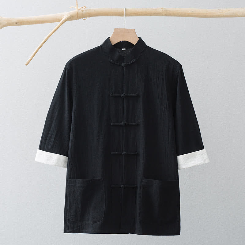 Buddha Stones Frog-Button Chinese Tang Suit Half Sleeve Shirt Cotton Men Clothing With Pockets - image 13