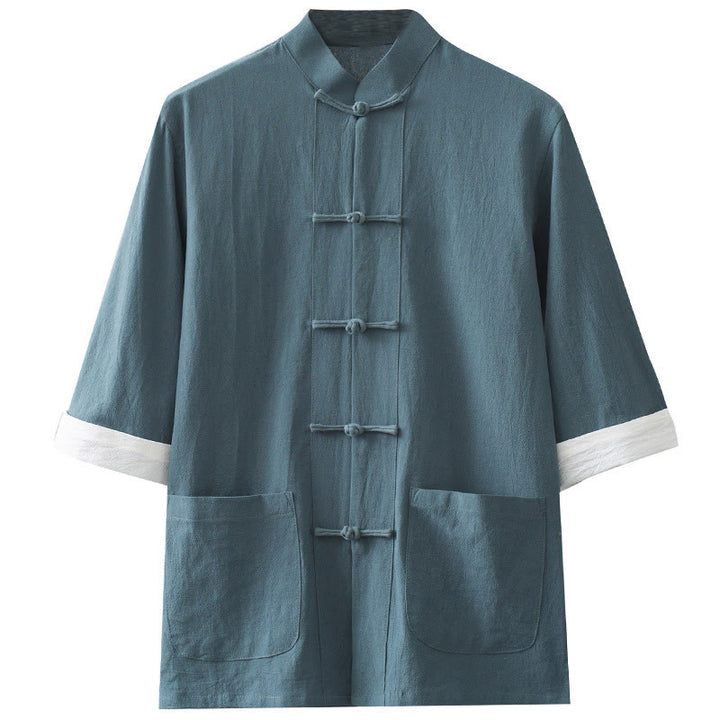Buddha Stones Frog-Button Chinese Tang Suit Half Sleeve Shirt Cotton Men Clothing With Pockets - image 9