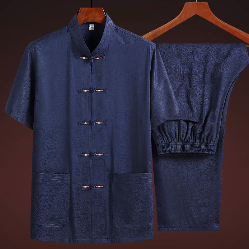 Buddha Stones Along the River During the Qingming Festival Pattern Traditional Tang Suit Short Sleeve Shirt Pants Clothing Men's Set - Navy Blue(Top&Pants) - US/UK/AU44，EU54 (4XL) - image 2