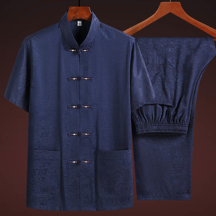 Buddha Stones Along the River During the Qingming Festival Pattern Traditional Tang Suit Short Sleeve Shirt Pants Clothing Men's Set - Navy Blue(Top&Pants) - US/UK/AU44，EU54 (4XL) - image 2
