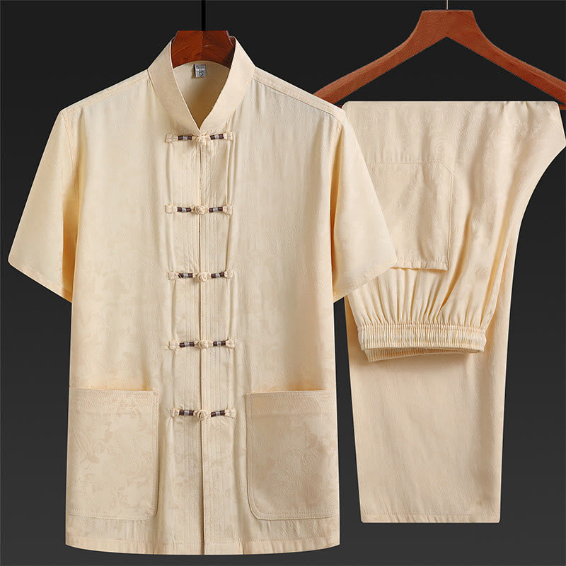 Buddha Stones Along the River During the Qingming Festival Pattern Traditional Tang Suit Short Sleeve Shirt Pants Clothing Men's Set - Beige(Top&Pants) - US/UK/AU44，EU54 (4XL) - image 5