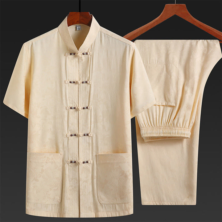 Buddha Stones Along the River During the Qingming Festival Pattern Traditional Tang Suit Short Sleeve Shirt Pants Clothing Men's Set - Beige(Top&Pants) - US/UK/AU44，EU54 (4XL) - image 5